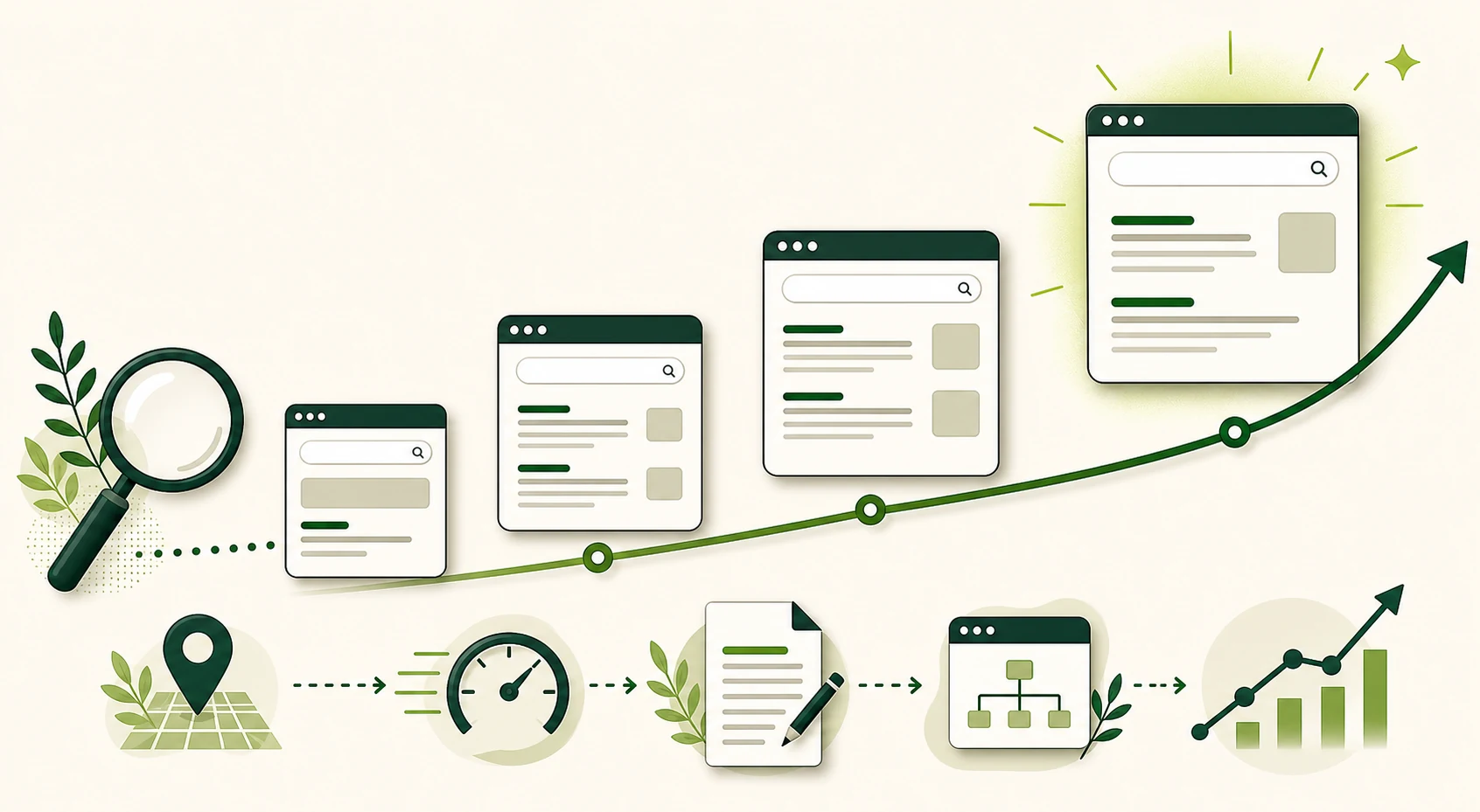 Percorso illustrato del lavoro SEO: analisi, presenza locale, velocità, contenuti, struttura e misurazione della crescita