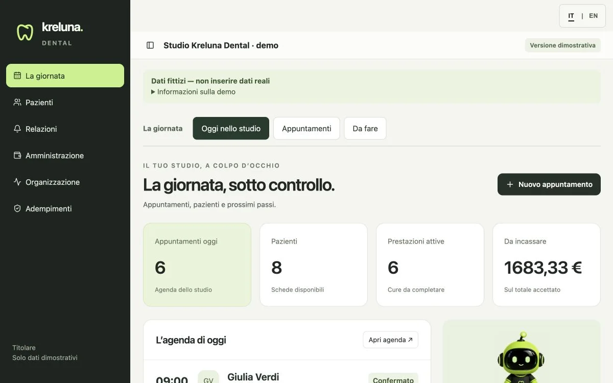 Echter Screenshot der Demo Kreluna Dental mit Beispieldaten