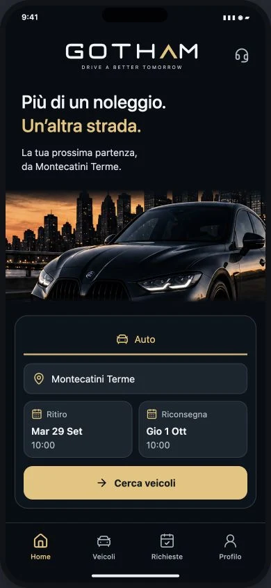 Actual screenshot of the Gotham Rentals preview with date-based search and app navigation