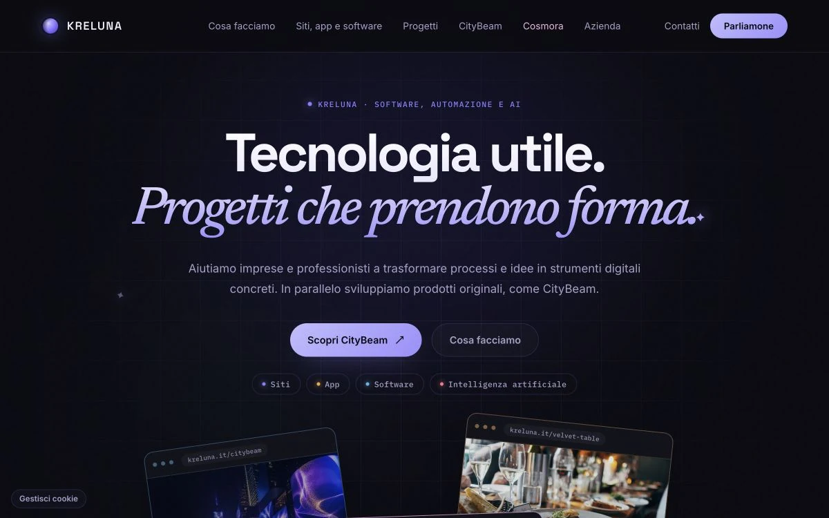 Screenshot reale del sito istituzionale Kreluna su desktop