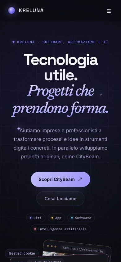 Screenshot reale del sito istituzionale Kreluna su smartphone