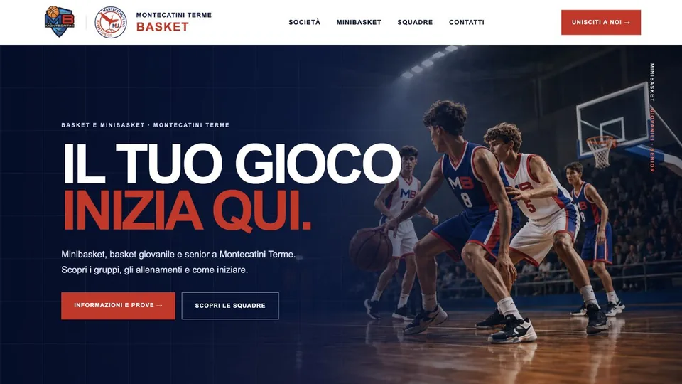 Screenshot reale della homepage del Centro Minibasket Montecatini su desktop