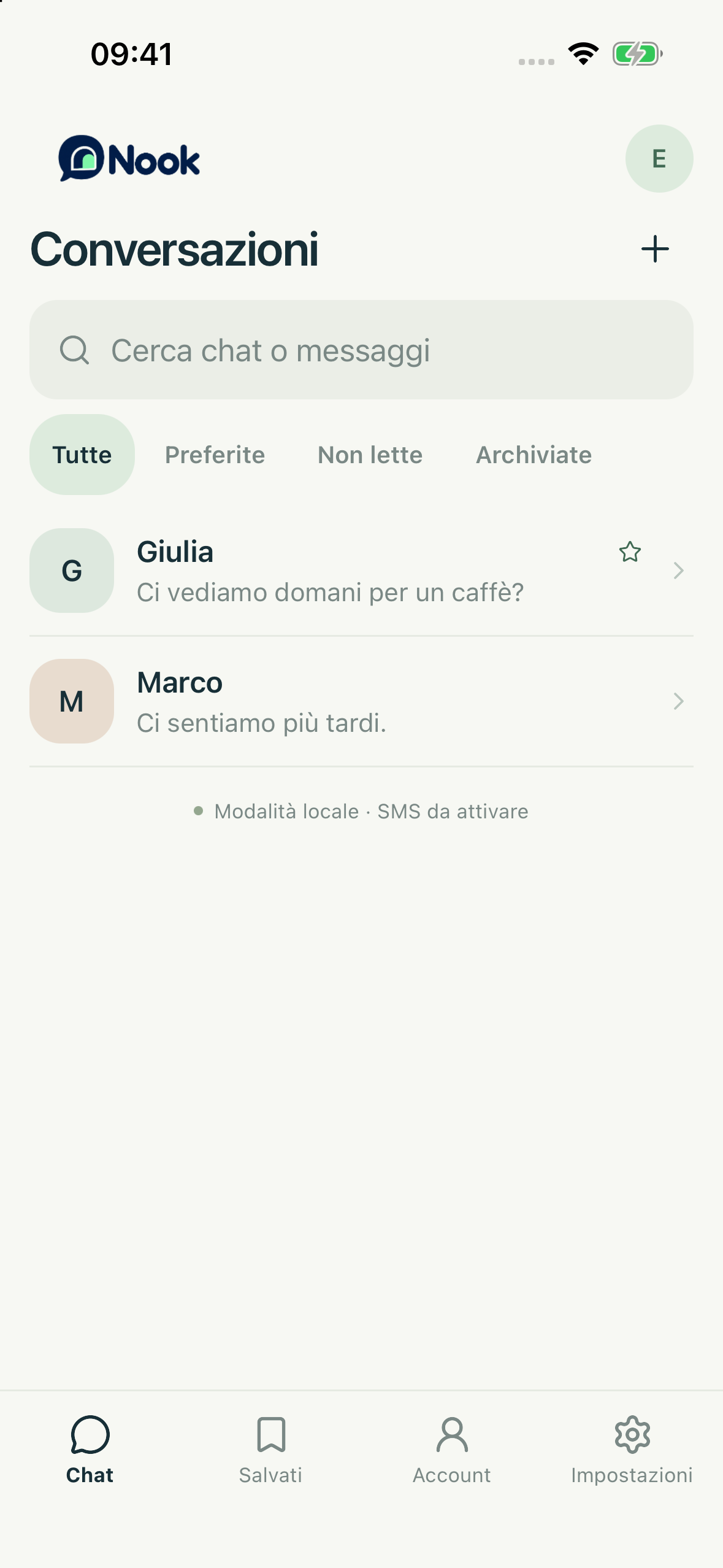 Elenco conversazioni nell’anteprima locale dell’app Nook